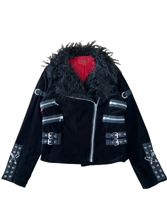 Tripp nyc Jackets & Blazers - Vintage Tripp NYC Moto Jacket Velvet Faux Fur M Black Bondage Goth Y2K Punk Moto